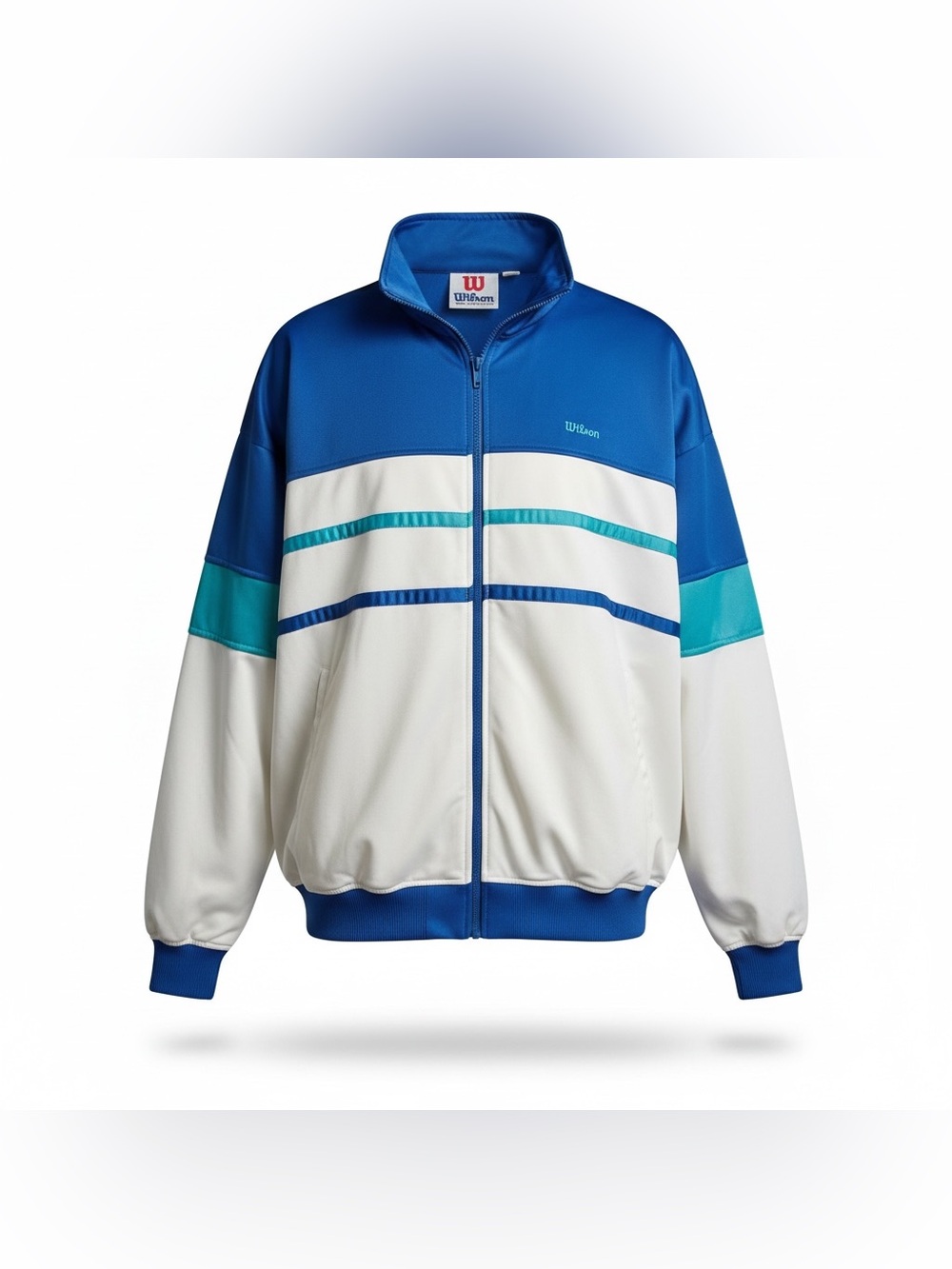 Vtg Wilson Retro Jacket Men’s L Zip Up Warmup Track Tennis Blue White Aqua